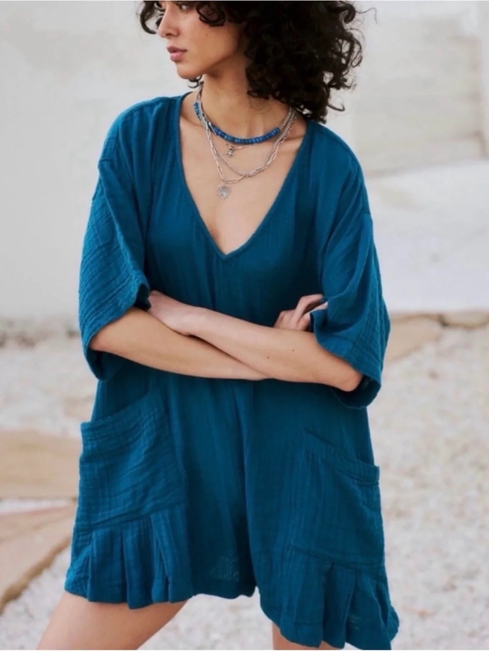 Free People Teal Cotton Gauze Romper Tunic Oversized Boho Ruffle Hem L